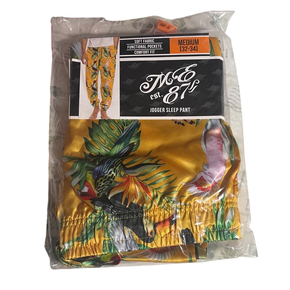 M&E est. 87 Mens Tropical Bird Print Jogger Sleep Pants Yellow medium NWT